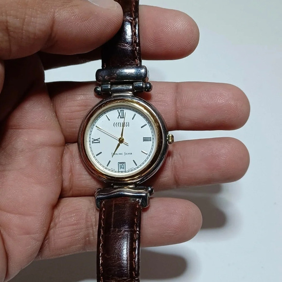 Sterling Silver - ECCLISSI Brown Leather 9" Adjustable Watch Bracelet ticking - Picture 2 of 6